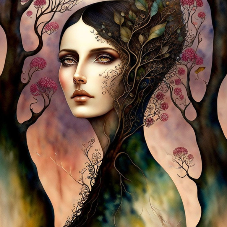 Woman with Tree-Like Hair and Pink Blossoms in Autumn Forest