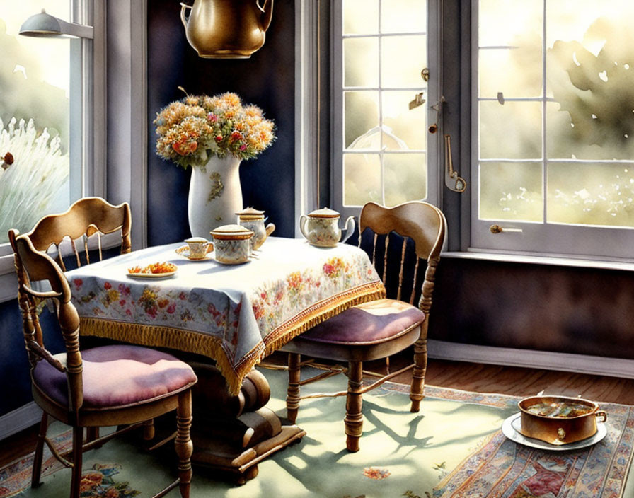 Wooden chairs, floral tablecloth, teapot, cups, and bouquet in sunlit dining area