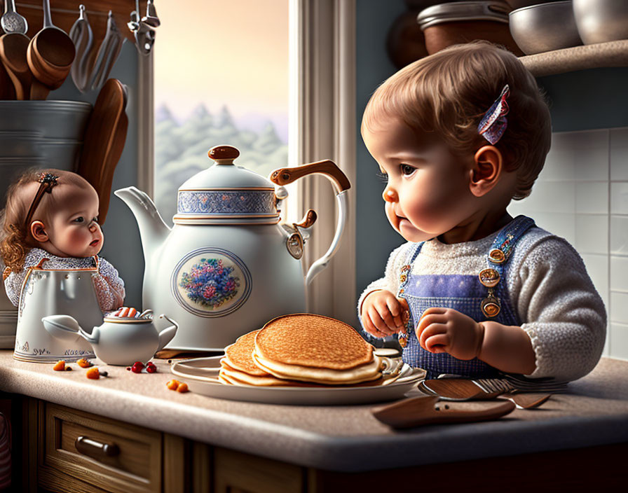 Toddler in overalls with pancakes and tea set in cozy kitchen