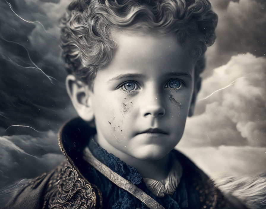 Young boy with curly hair and blue eyes against stormy sky