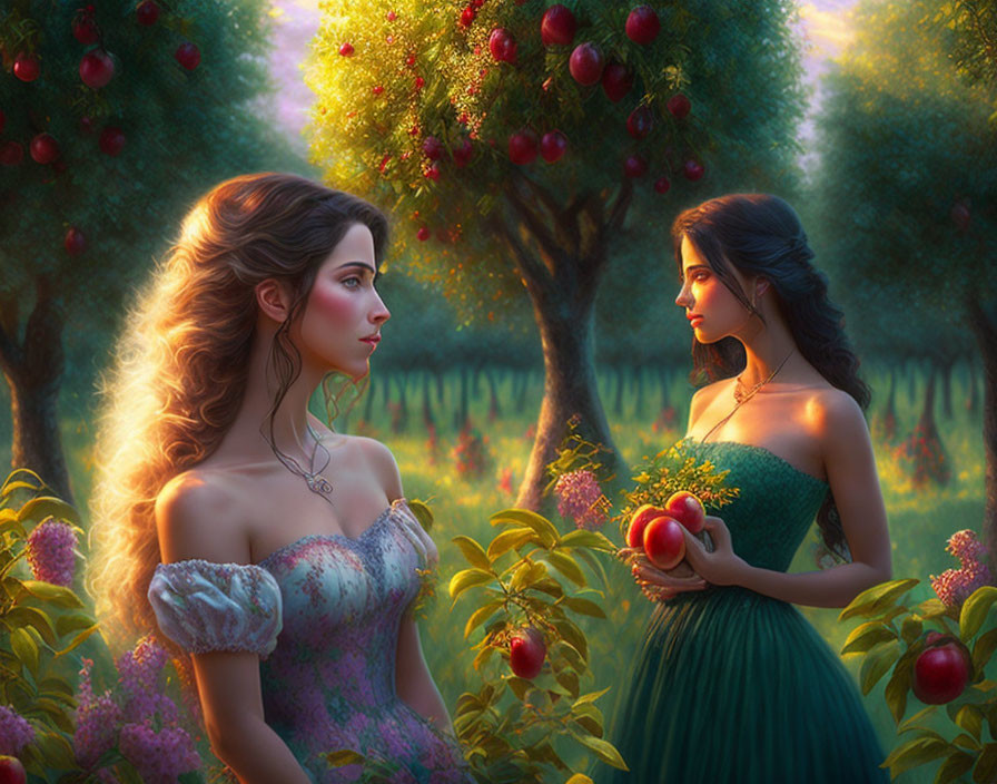 Two women in elegant gowns in orchard with sunlight filtering through trees