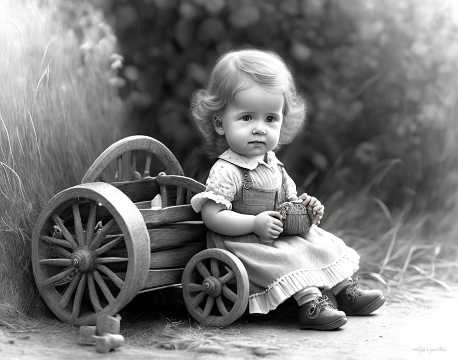 Toddler with Curly Hair Sitting by Wooden Wagon