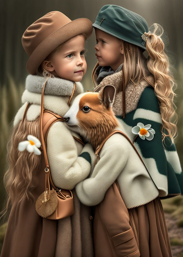 Vintage Clothing Kids Embrace with Fox in Forest Setting