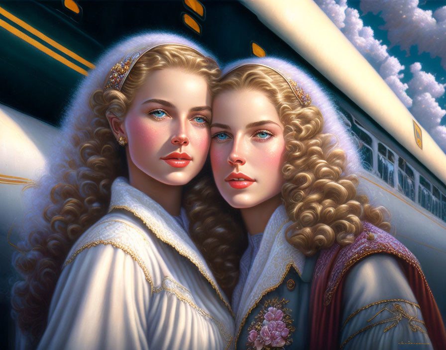 Identical female characters with blond hair in ornate white clothing by a train