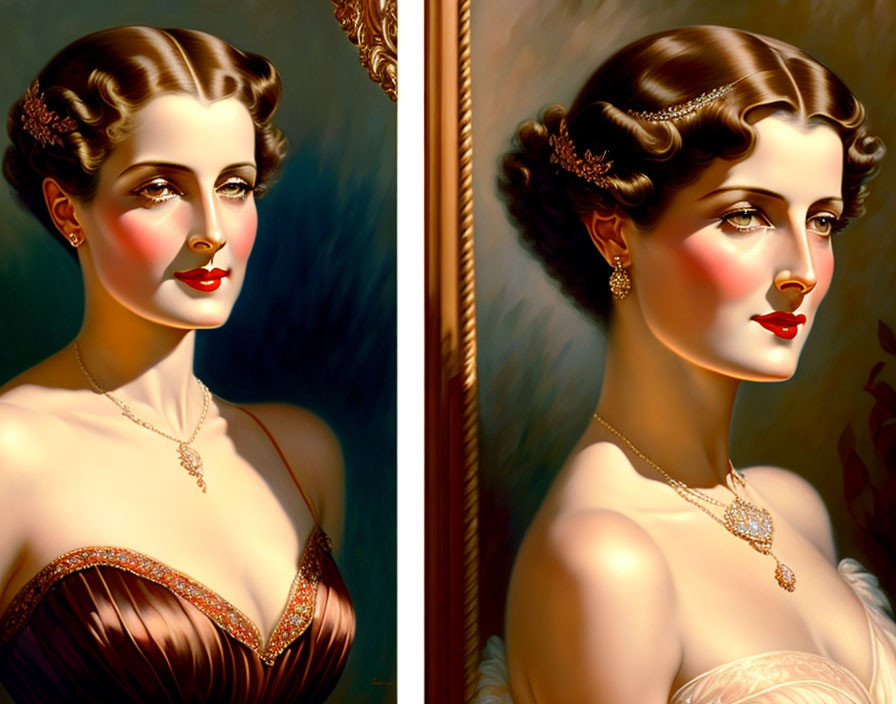 Illustration of woman with 1930s style, necklace, mirror reflection