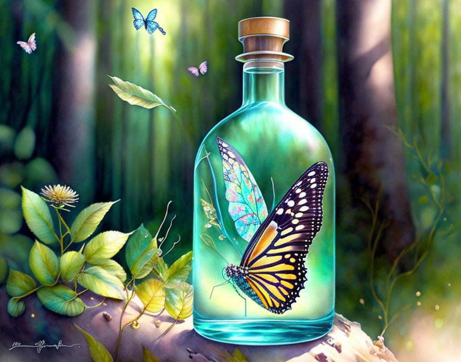 Colorful butterfly in bottle surrounded by nature and insects.