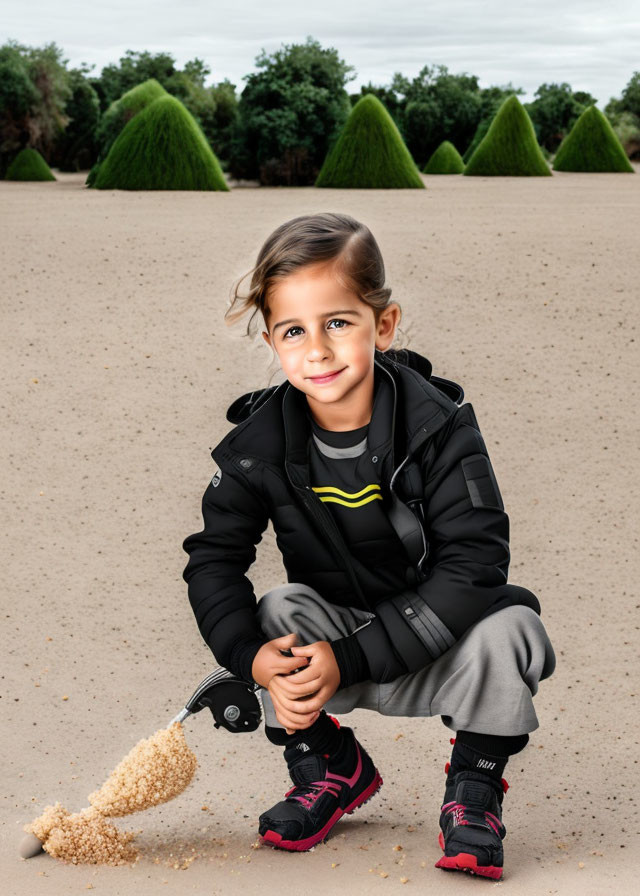 Smiling child with prosthetic leg pouring sand outdoors