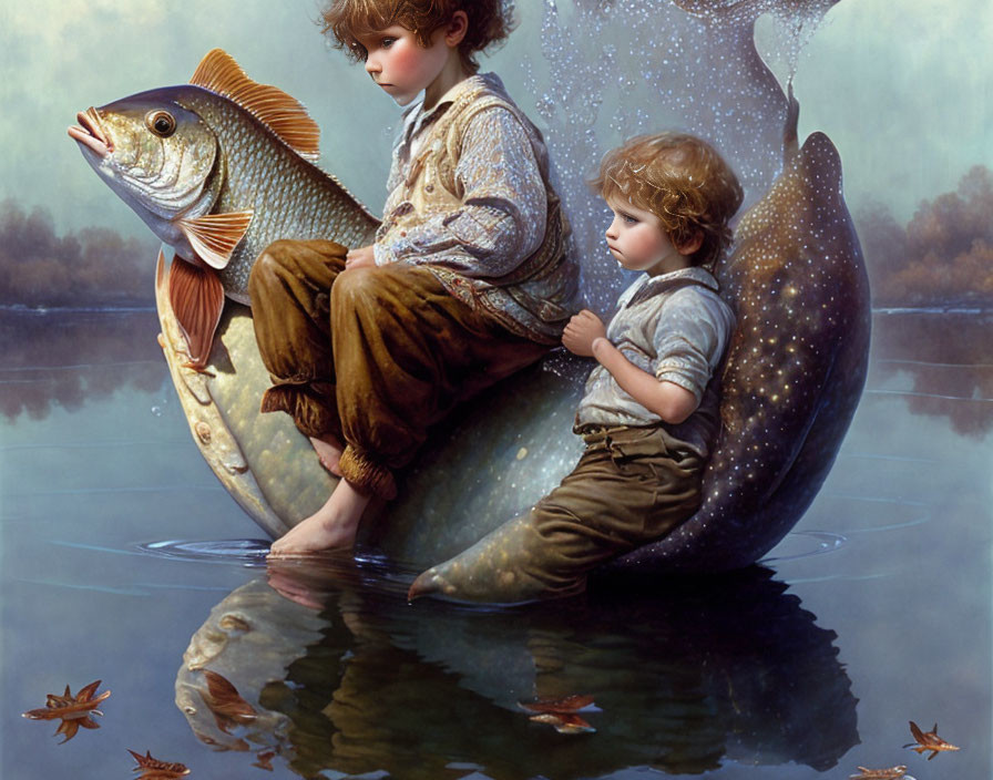 Children sitting on giant fish surrounded by autumn leaves above water.