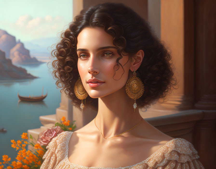 Curly-haired woman in gold earrings, off-shoulder dress, with sea and mountain backdrop