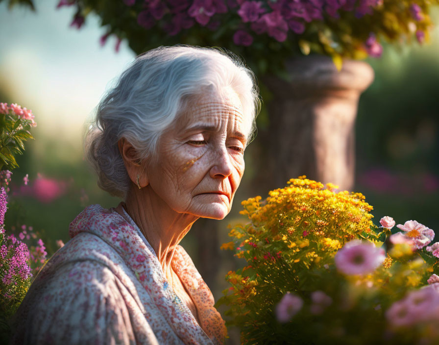 Elderly Woman Surrounded by Vibrant Flowers in Sunlit Garden