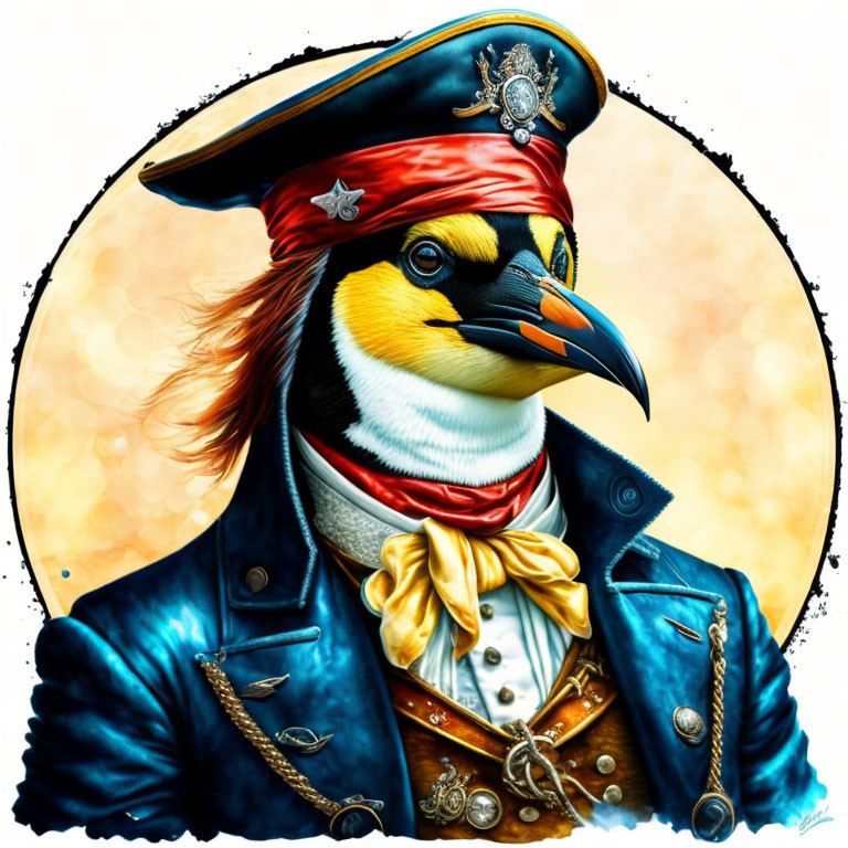 Colorful anthropomorphic bird in navy officer's uniform on golden backdrop