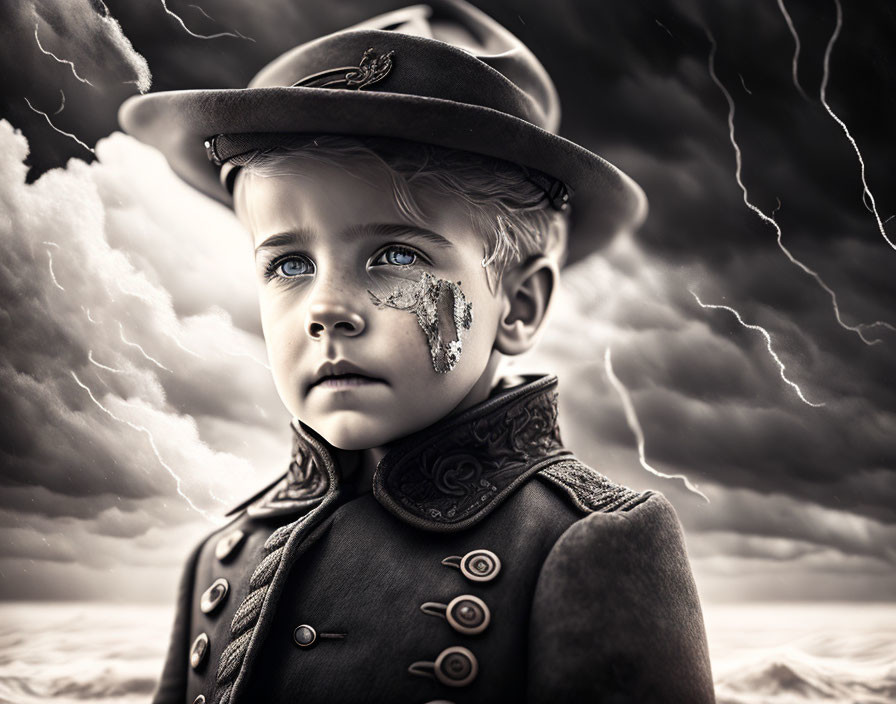 Monochrome portrait of a young boy in military uniform with blue eyes, tear mark, stormy sky