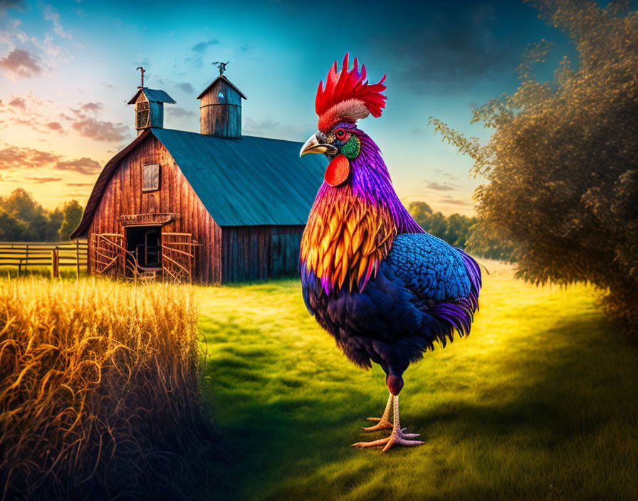 Colorful Rooster with Red Barn and Sunrise Sky