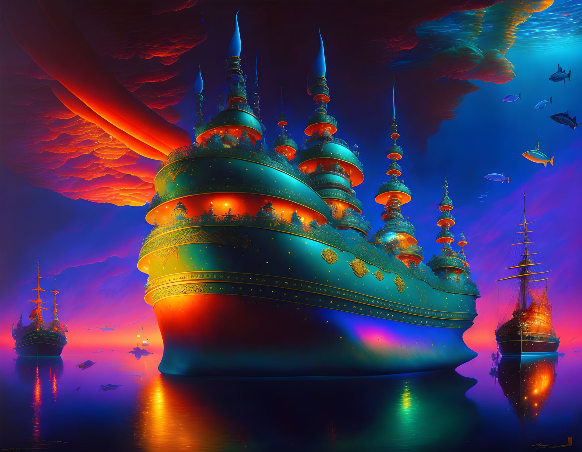 Futuristic ships with tall spires on calm sea under surreal sky