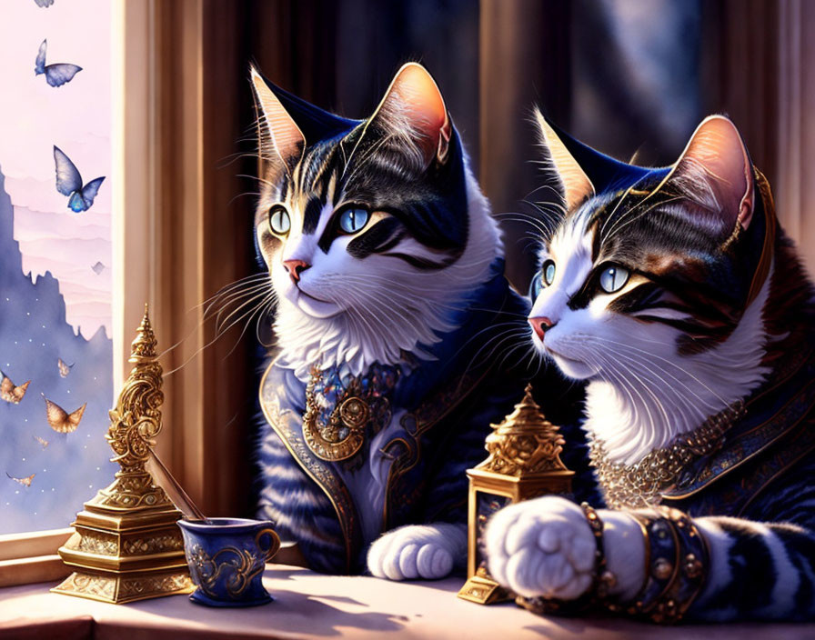 Regal cats looking out window with butterflies and candlestick