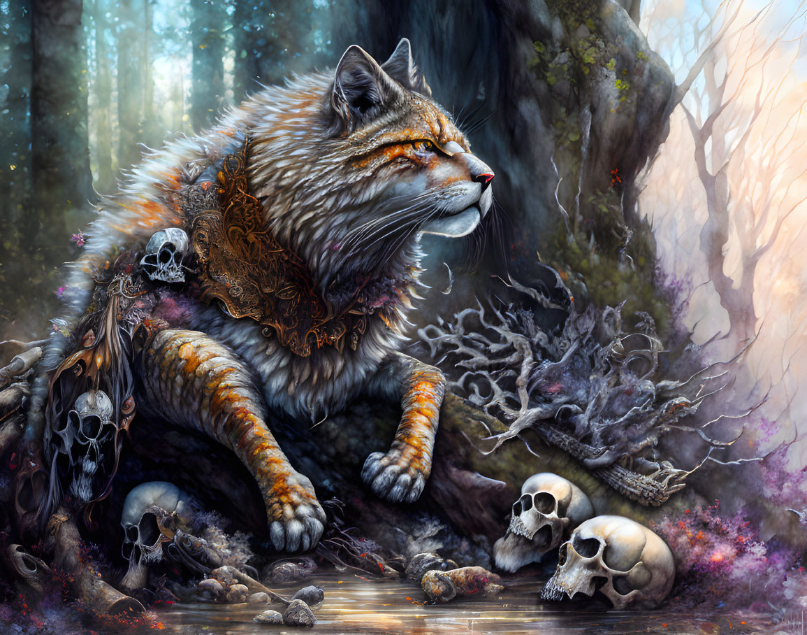 Detailed illustration of majestic feline in mystical forest