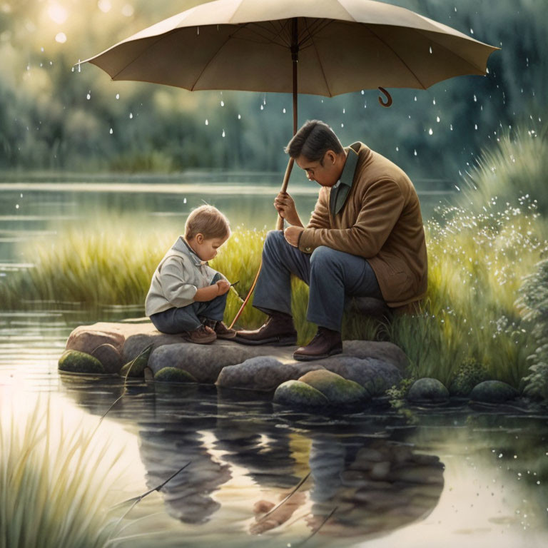 Adult and child fishing together by the riverbank under an umbrella