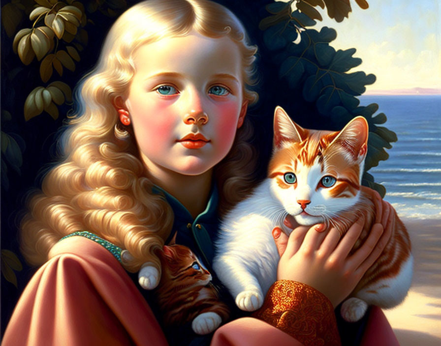 Young girl with blonde curls holding cat by ocean shore