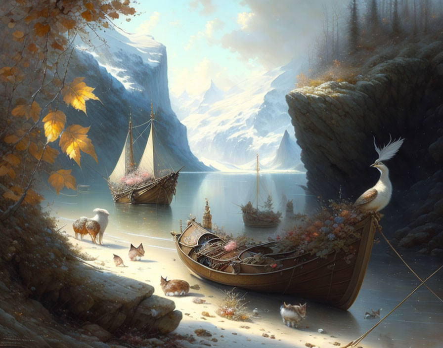 Tranquil landscape with boats, autumn foliage, wildlife, and snowy mountains