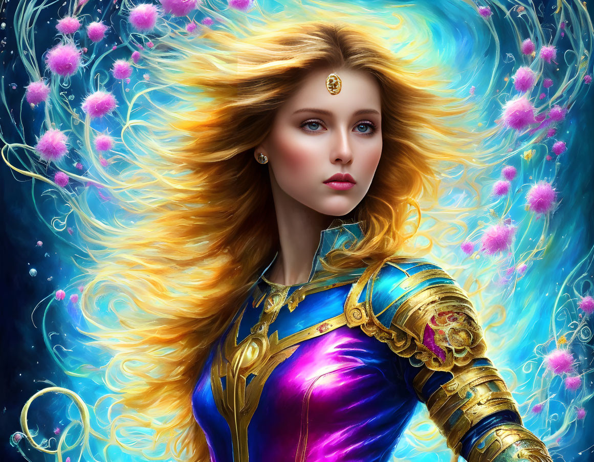 Illustrated woman in ornate blue and gold armor with flowing golden hair amidst pink blossoms and whims