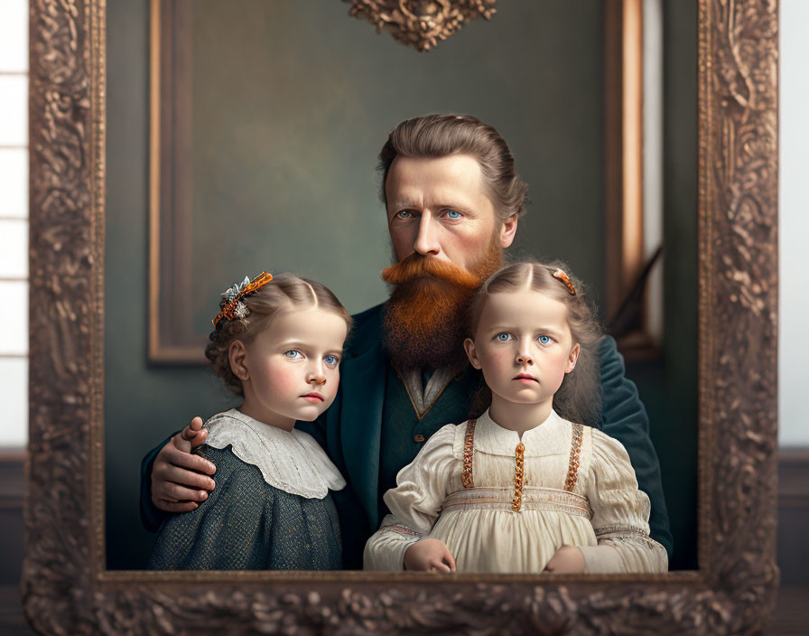 Portrait of distinguished man with beard and two young girls in ornate gold frame