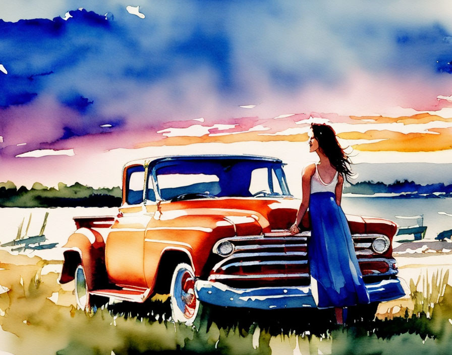 Woman in Blue Dress with Red Pickup Truck at Sunset Beach