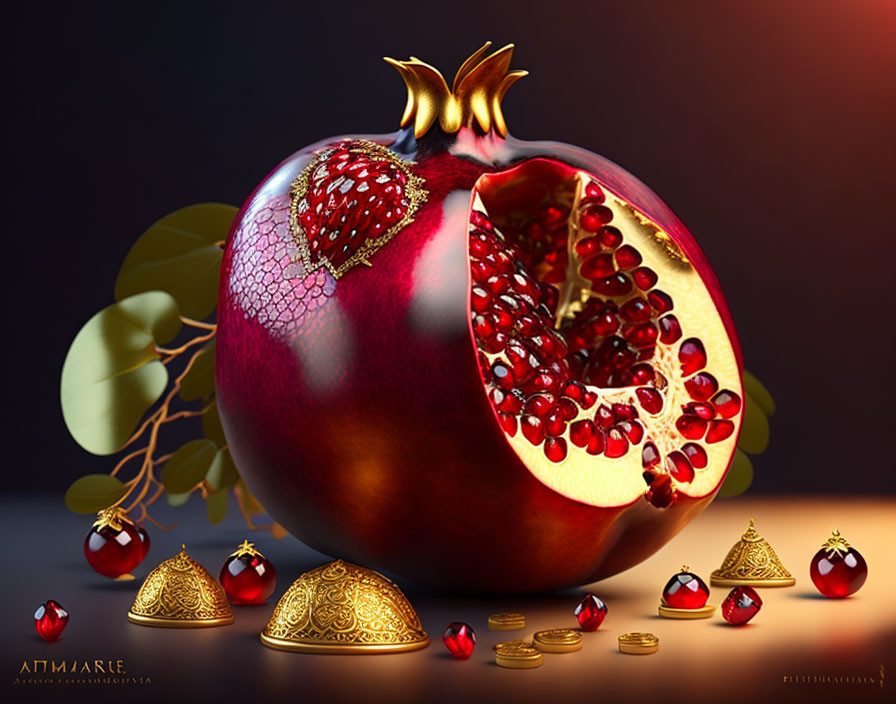 Stylized large pomegranate with cut section, gold leaves, jewelry, and ruby-like