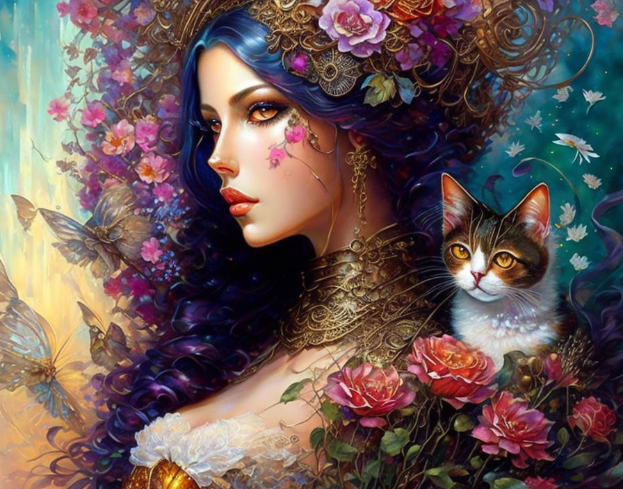 Colorful Artwork: Woman with Blue Hair and Cat in Floral Setting