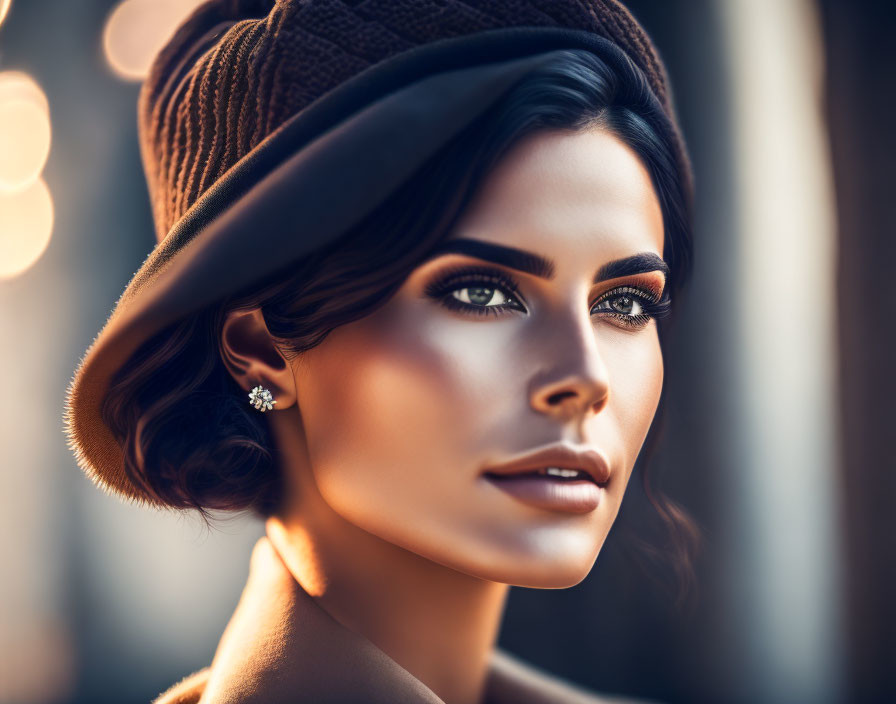 Striking makeup woman in stylish hat exudes elegance