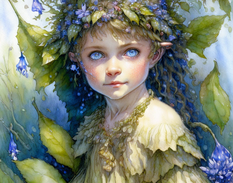 Detailed painting of fair-skinned girl with blue eyes and pointed ears in nature setting