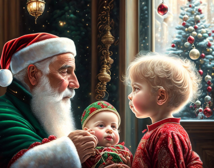 Santa Claus smiling at child and baby in festive Christmas setting