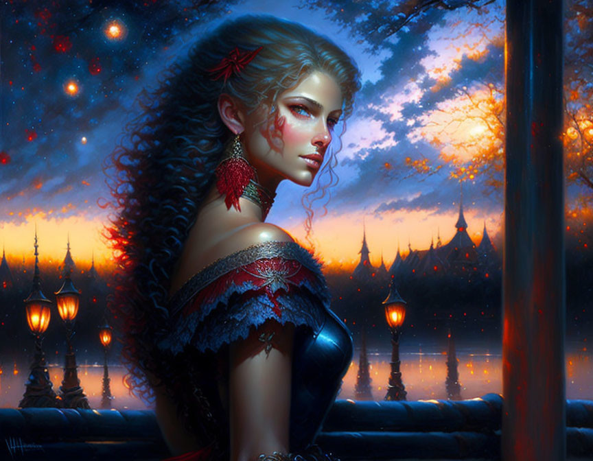 Fantasy art portrait of woman in red and black attire against castle and lantern-lit evening sky