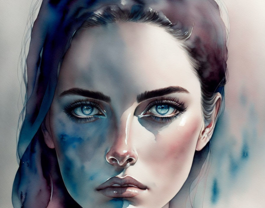 Watercolor illustration of woman with blue eyes and artistic blue streaks