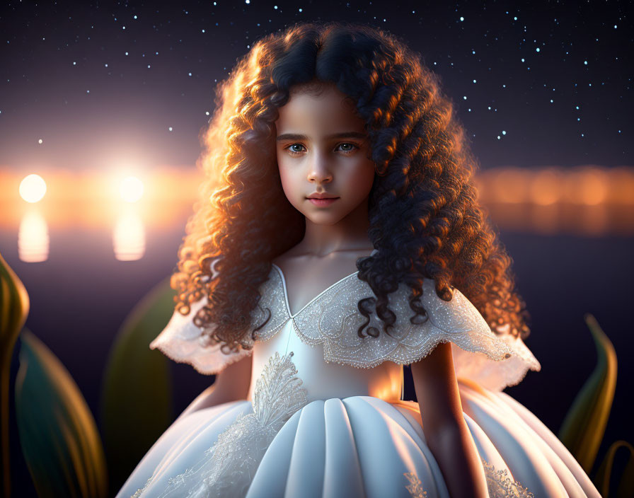 Young girl with curly hair in white dress by twilight lake with floating lights