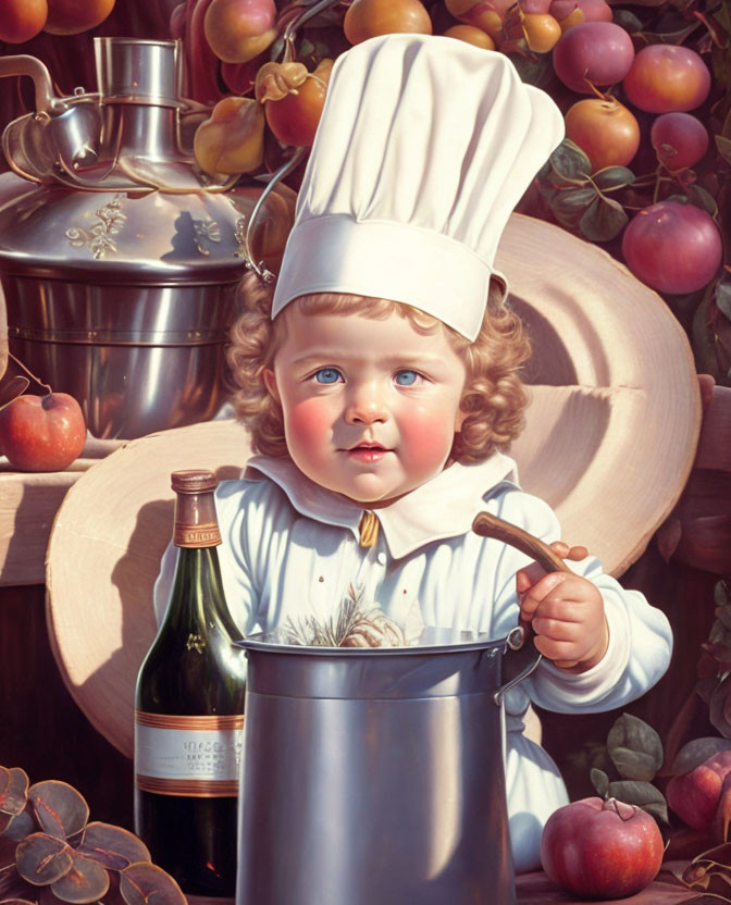 Toddler in Chef Hat with Blue Eyes Surrounded by Food and Cookware