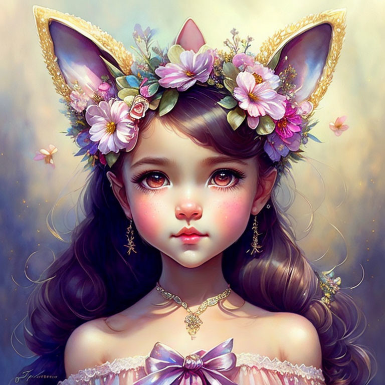 Illustrated girl with cat-like ears and floral crown in pink dress