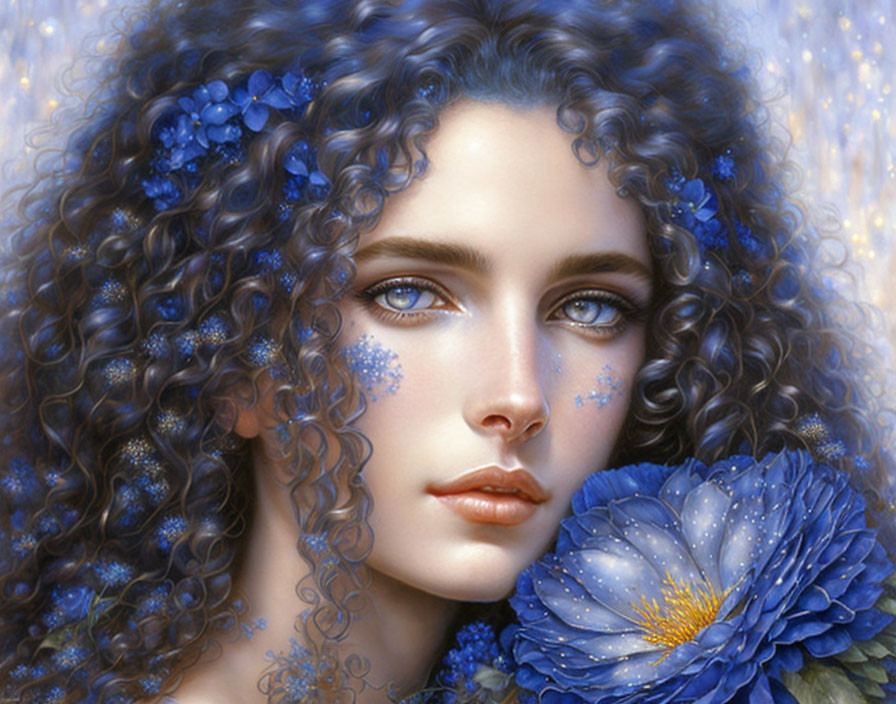 Digital portrait of woman with blue flowers in hair and eyes, floral patterns on skin