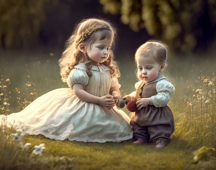 Vintage Clothing Kids Playing in Meadow with Knitted Toy