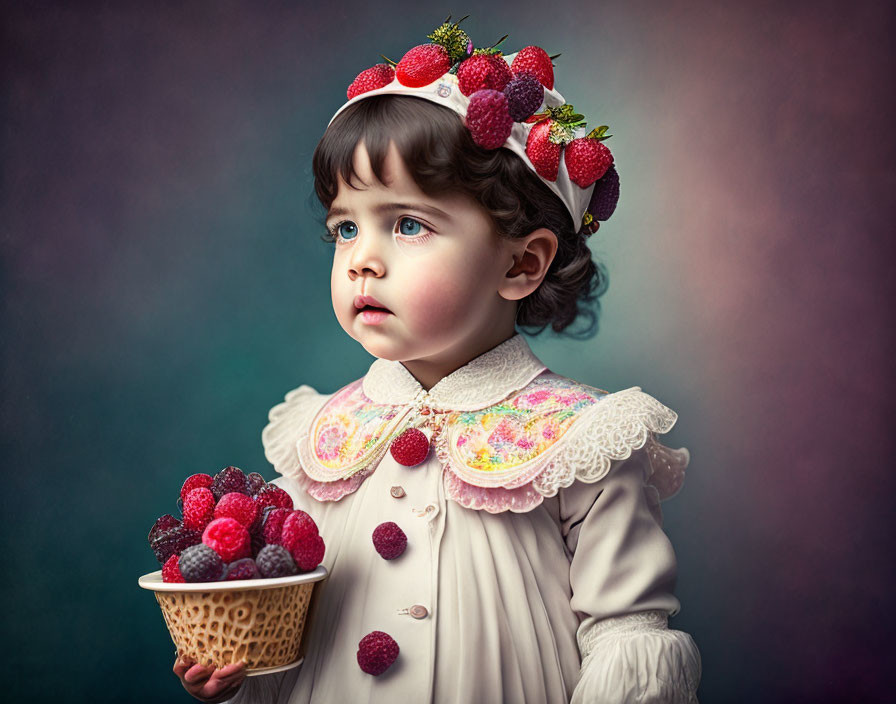 Young girl in vintage outfit with strawberries headband holding raspberries on colorful backdrop