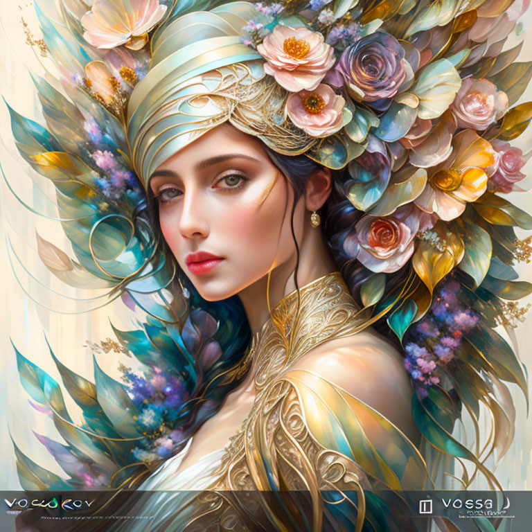 Ethereal woman with floral headdress in soft pastel colors