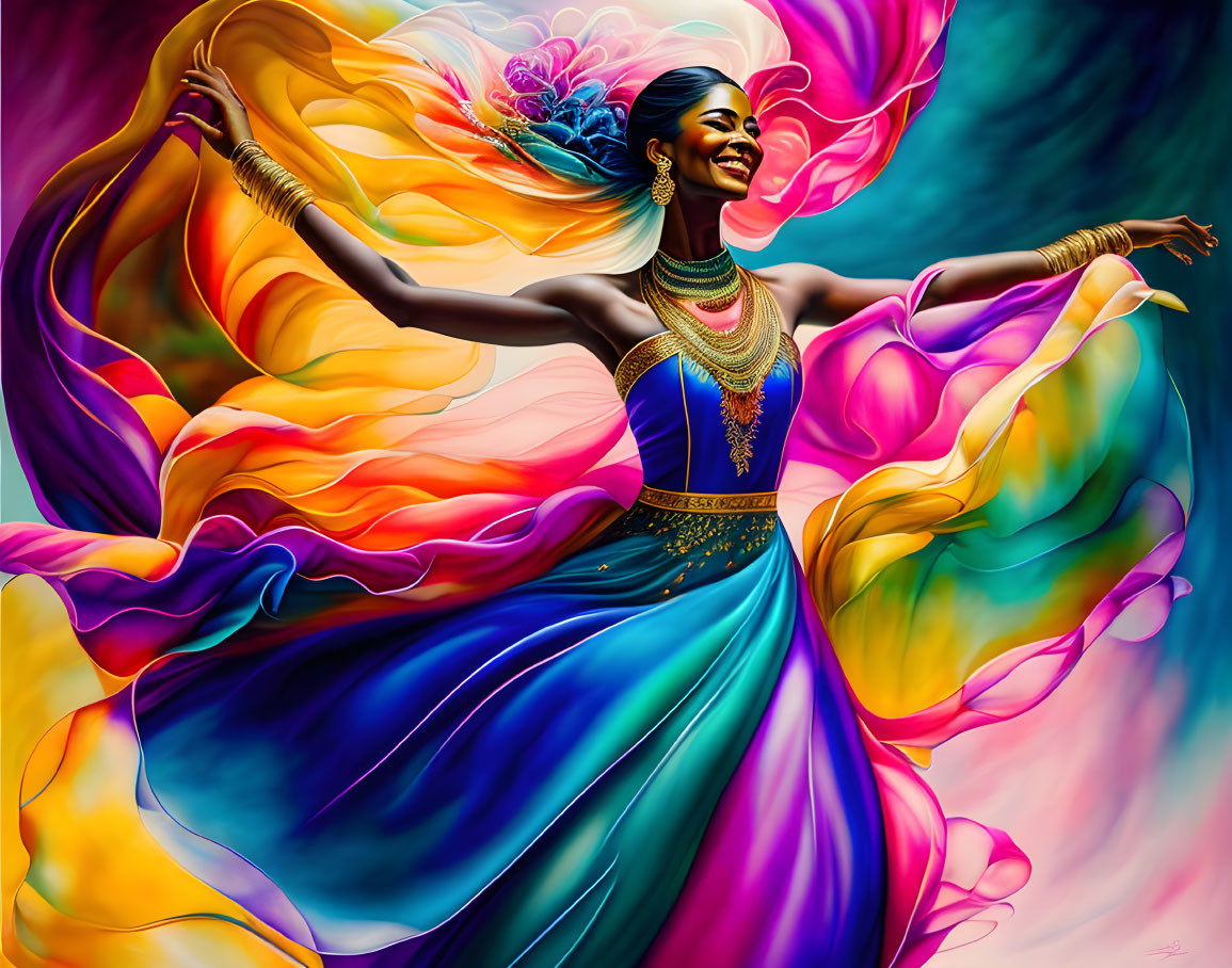 Colorful illustration: Woman dancing in flowing garments with gold jewelry