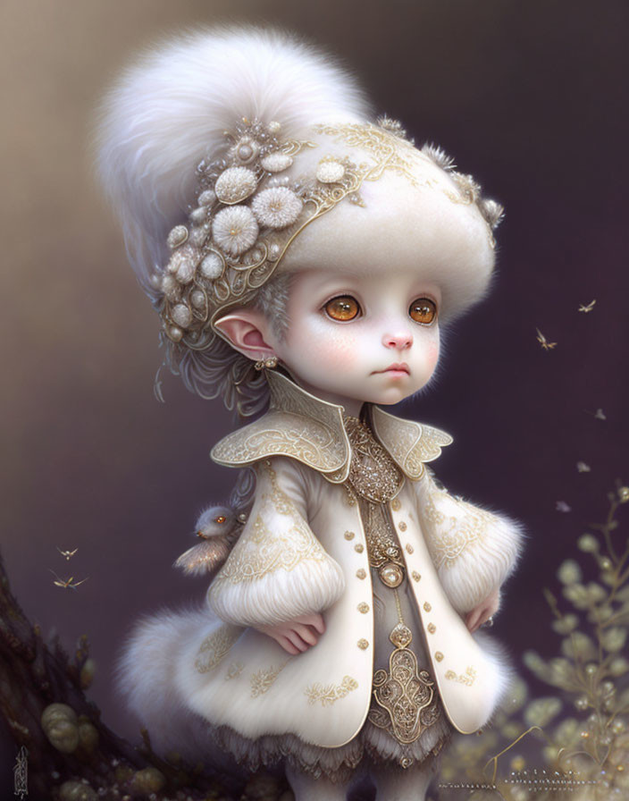 Child with fluffy white hair in ornate cream outfit with gold details and small creature.