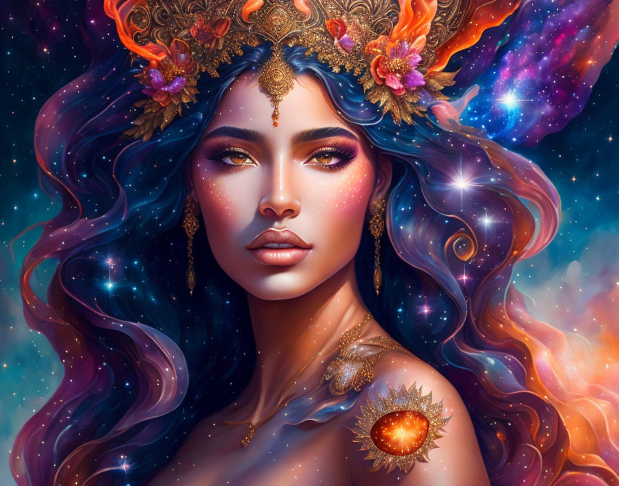 Starry-haired woman with cosmic background and celestial attire