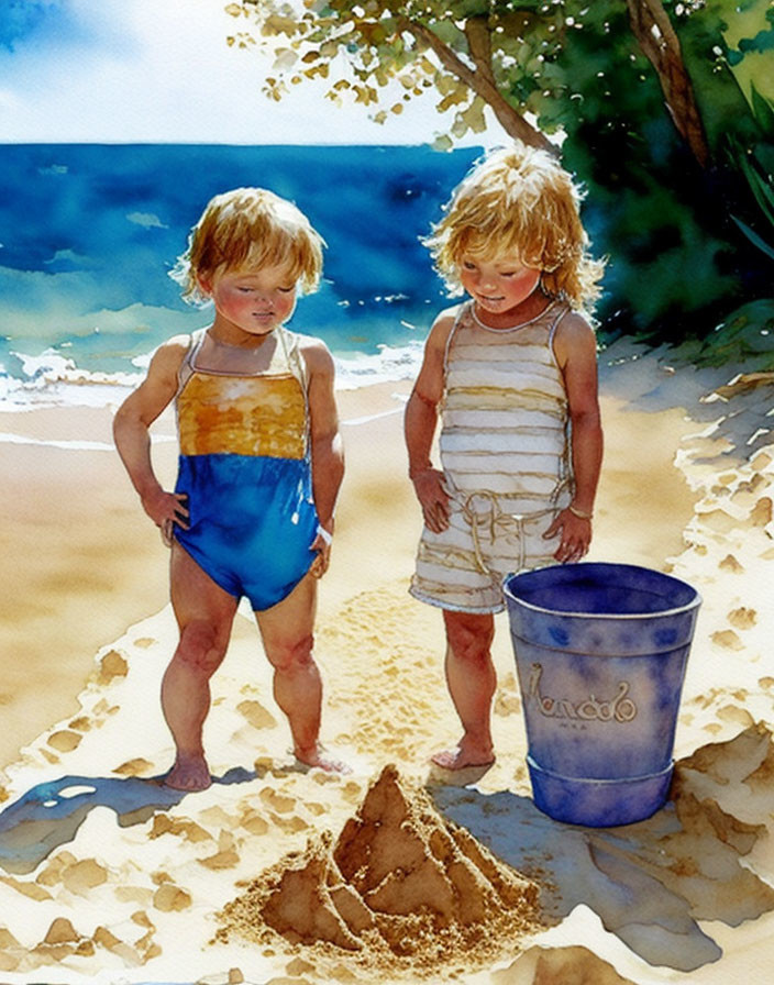 Two toddlers on sandy beach with sandcastle and bucket, ocean in background