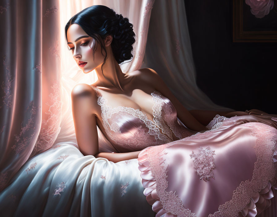 Elegant woman in blush gown reclining by window with soft light.