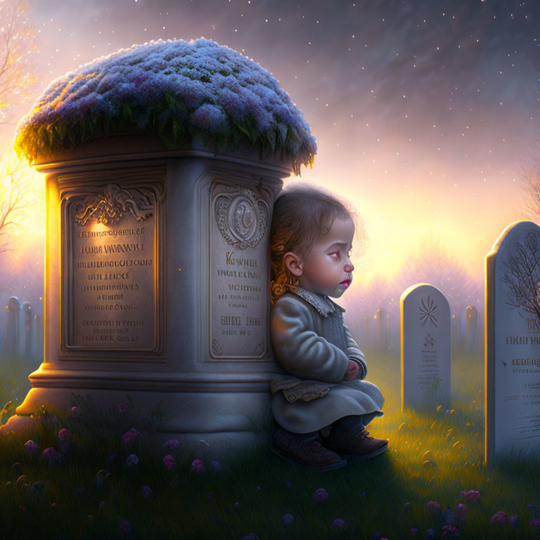 Child sitting by snowy grave marker under starry sky.