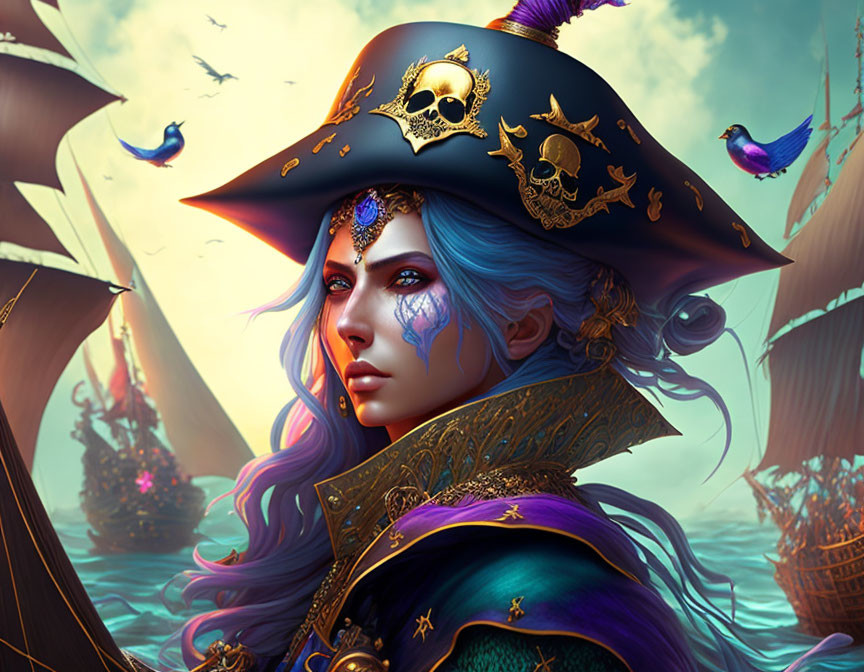 Female pirate with blue hair and tricorn hat in maritime scene