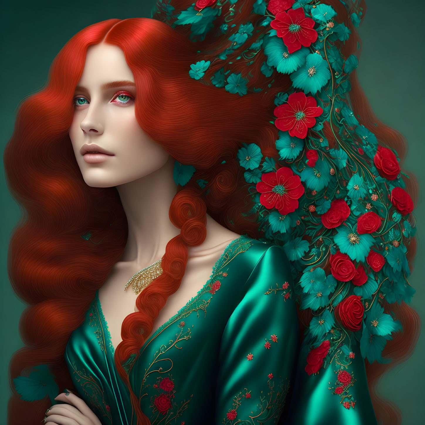 Red-haired woman in green dress with red flowers exudes elegance and fantasy