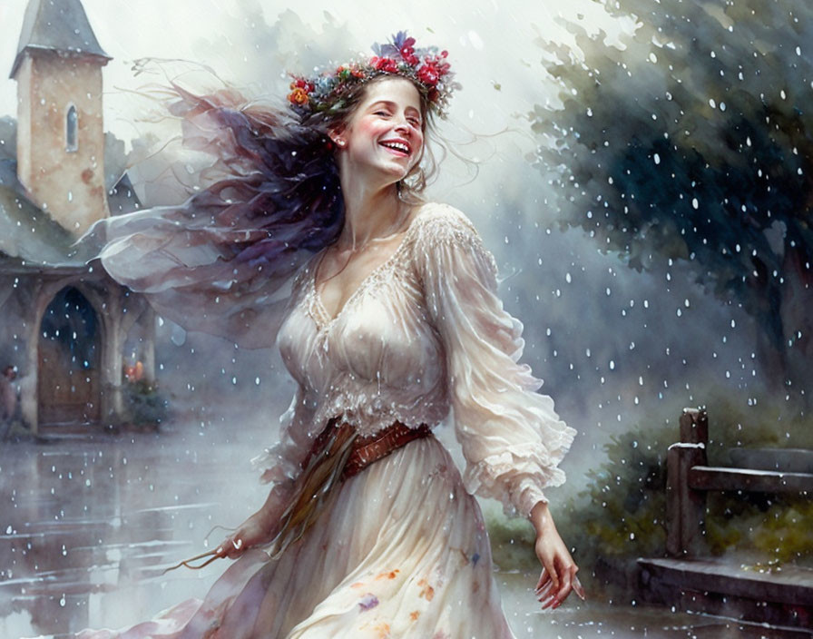 Woman in white dress dancing in rain near church fence