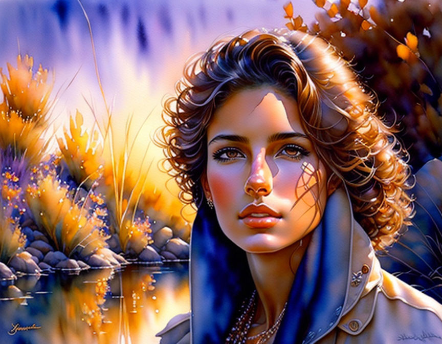 Vibrant digital painting of woman with wavy hair and blue eyes in scenic riverside setting.